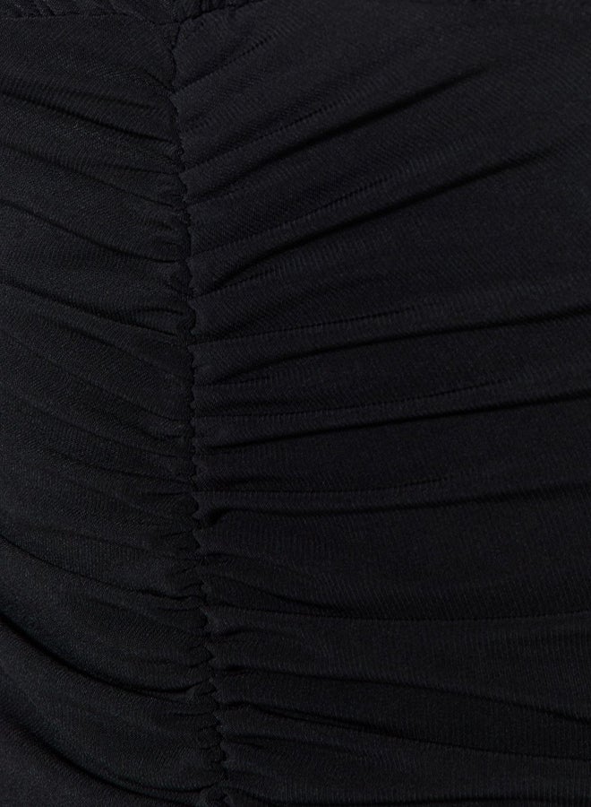 Black Fitted Ruffle Detailed Midi Stretchy Knitted Pencil Dress