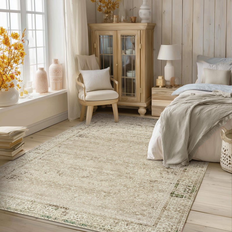 BILEEHOME Modern Farmhouse Area Rug 5 x7 Washable Floral Earth Tone Neutral Boho Nursery Rug 5x7 for Baby Boy Bedroom,Tan Brown and Cream Beige - Image 1
