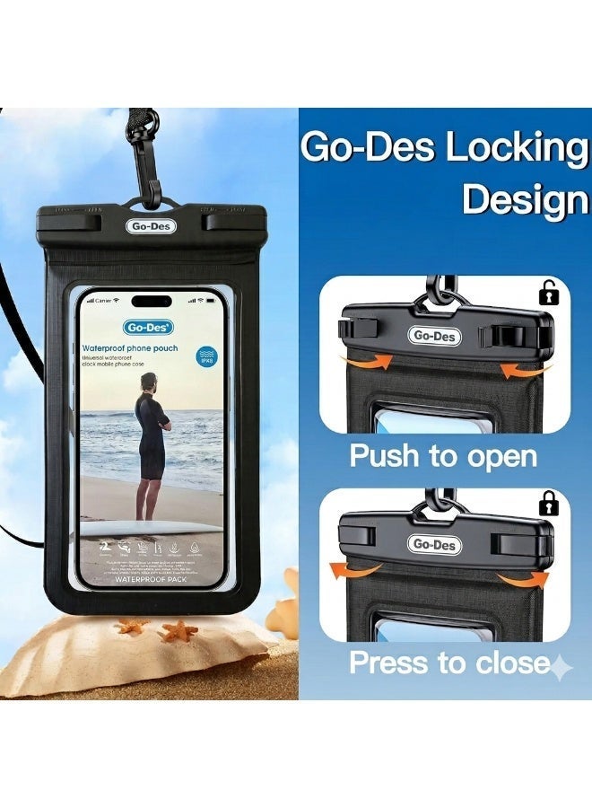 جو-ديز Go-Des حافظة هاتف آمنة مقاومة للماء مع حبل رقبة، جراب جاف معتمد بمعيار IPX8، تدعم اللمس لجميع الهواتف الذكية حتى 7 بوصة - أسود (عبوة من قطعتين) - Image 3