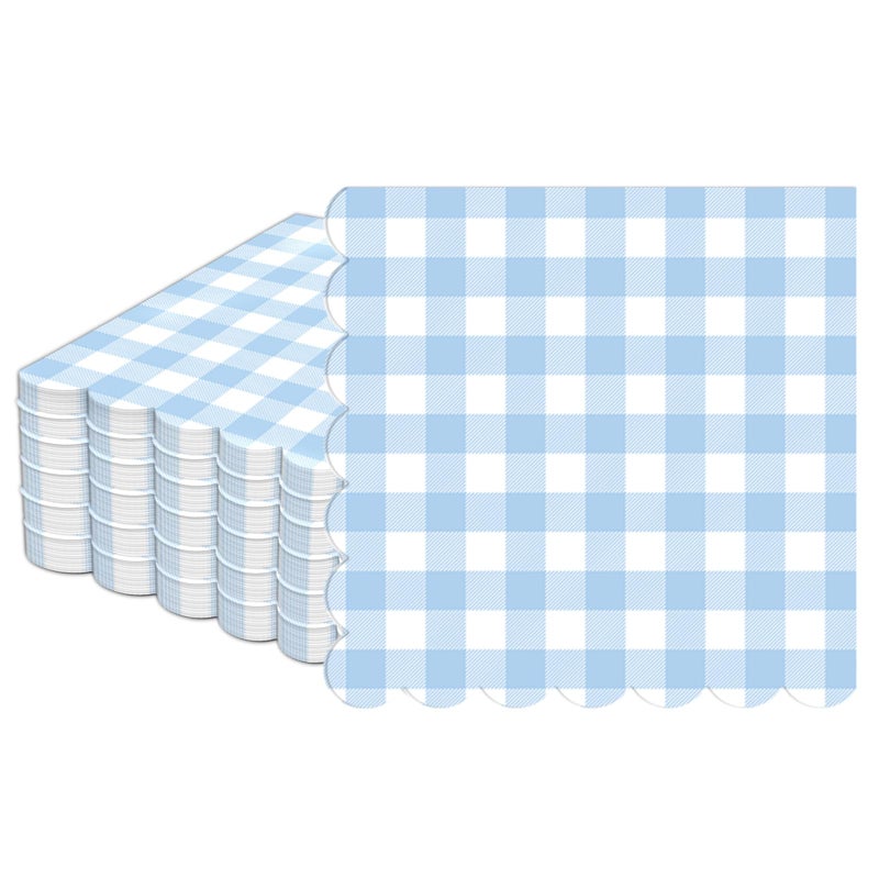 ojustbeok 50Pcs Blue and White Scalloped Napkins 6.5in Blue Plaid Paper Decoration Party Supplies Light Blue Checkered Dessert Napkins for Boys Wedding Birthday Baby Shower Picnic Party Favor - Image 1