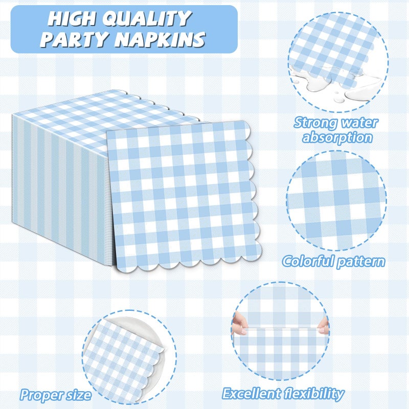 ojustbeok 50Pcs Blue and White Scalloped Napkins 6.5in Blue Plaid Paper Decoration Party Supplies Light Blue Checkered Dessert Napkins for Boys Wedding Birthday Baby Shower Picnic Party Favor - Image 3