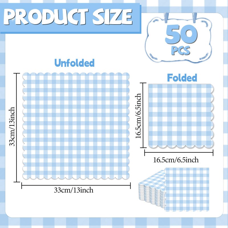 ojustbeok 50Pcs Blue and White Scalloped Napkins 6.5in Blue Plaid Paper Decoration Party Supplies Light Blue Checkered Dessert Napkins for Boys Wedding Birthday Baby Shower Picnic Party Favor - Image 2