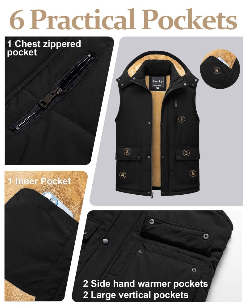 Pursky Men Puffer Vest For Outdoor Mens Winter Quilted Puffy Vests Winter Warm Sleeveless Jacket Coat Casual Outwear with Pockets Black M - Image 5