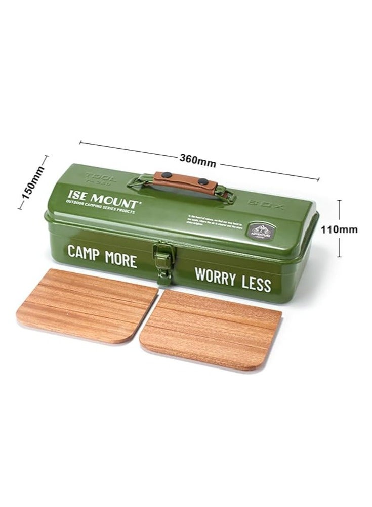 Outdoor Tools Storage Box Portable Camping Picnic Suitcase Metal Tool Storage Box Sundries Storage Box with Handle (Green Toolbox Printing + Handguard + Small Sticker + Wood Board + Lining)  - Image 2
