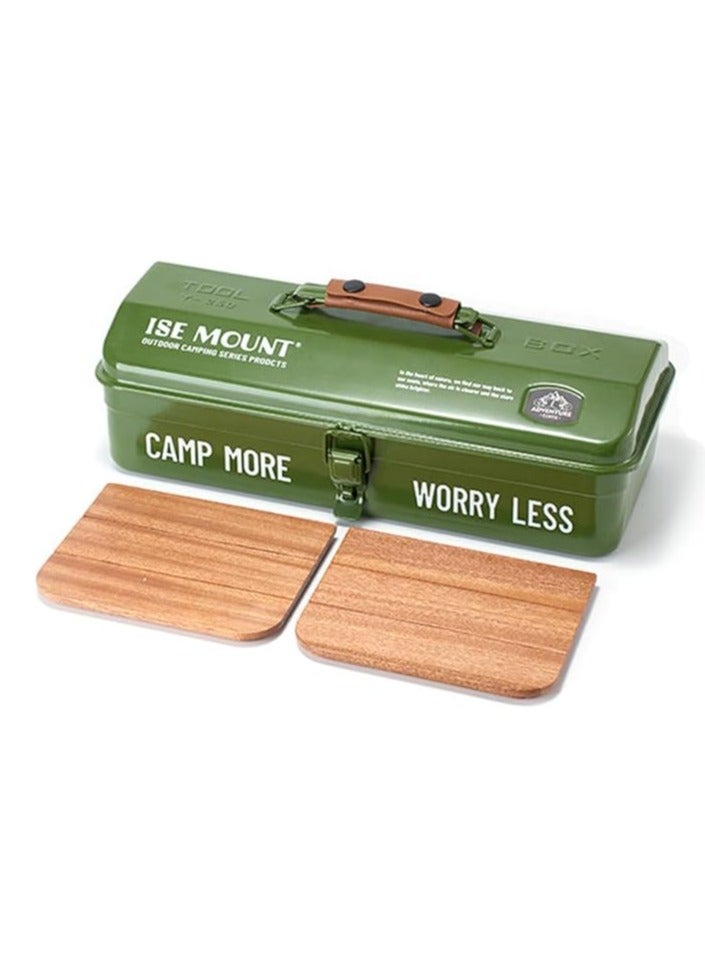 Outdoor Tools Storage Box Portable Camping Picnic Suitcase Metal Tool Storage Box Sundries Storage Box with Handle (Green Toolbox Printing + Handguard + Small Sticker + Wood Board + Lining)  - Image 1