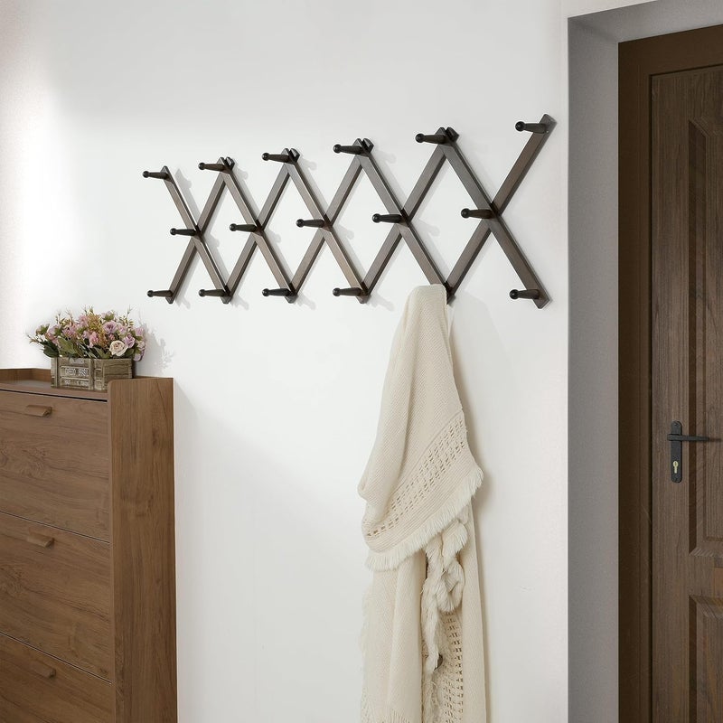 Dseap Accordion Wall Hanger: 16'' High Wooden Wall Expandable Coat Rack,Hat Rack Holder,Accordion Hook for Baseball Caps,Coats,17 Peg Hooks,Dark Walnut - Image 3