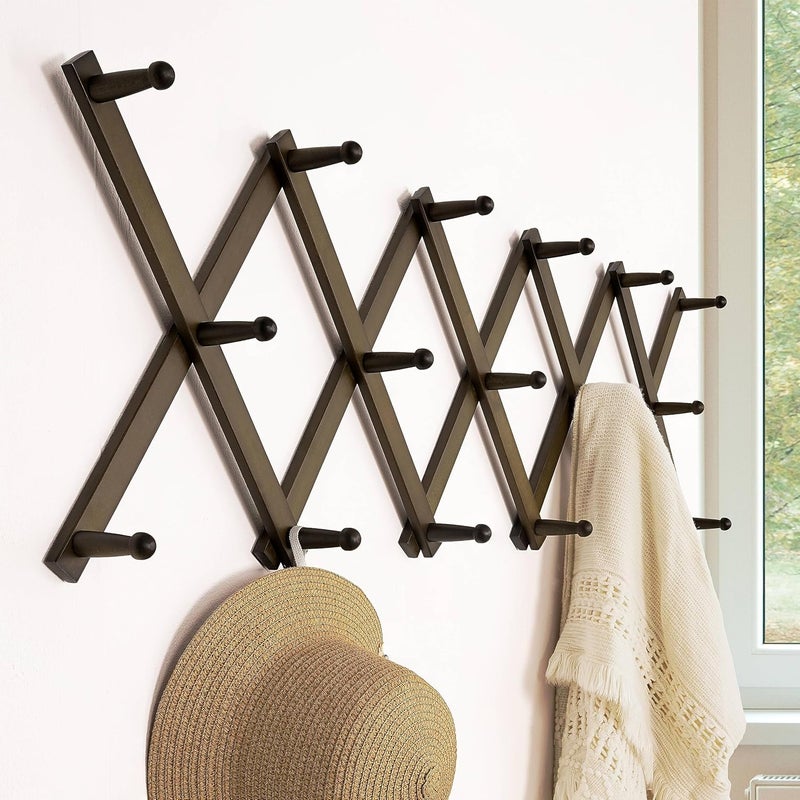Dseap Accordion Wall Hanger: 16'' High Wooden Wall Expandable Coat Rack,Hat Rack Holder,Accordion Hook for Baseball Caps,Coats,17 Peg Hooks,Dark Walnut - Image 2