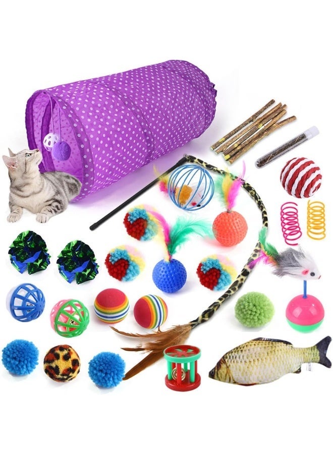 ECVV Cat Toys Set 30 Pcs, Cat Interactive Toys For All Cats, Kitten Collapsible Play Tunnel Tube Teaser Wand Bell Furry Ball Springs Mouse Catnip Fish For Kitty Puppy - Image 1