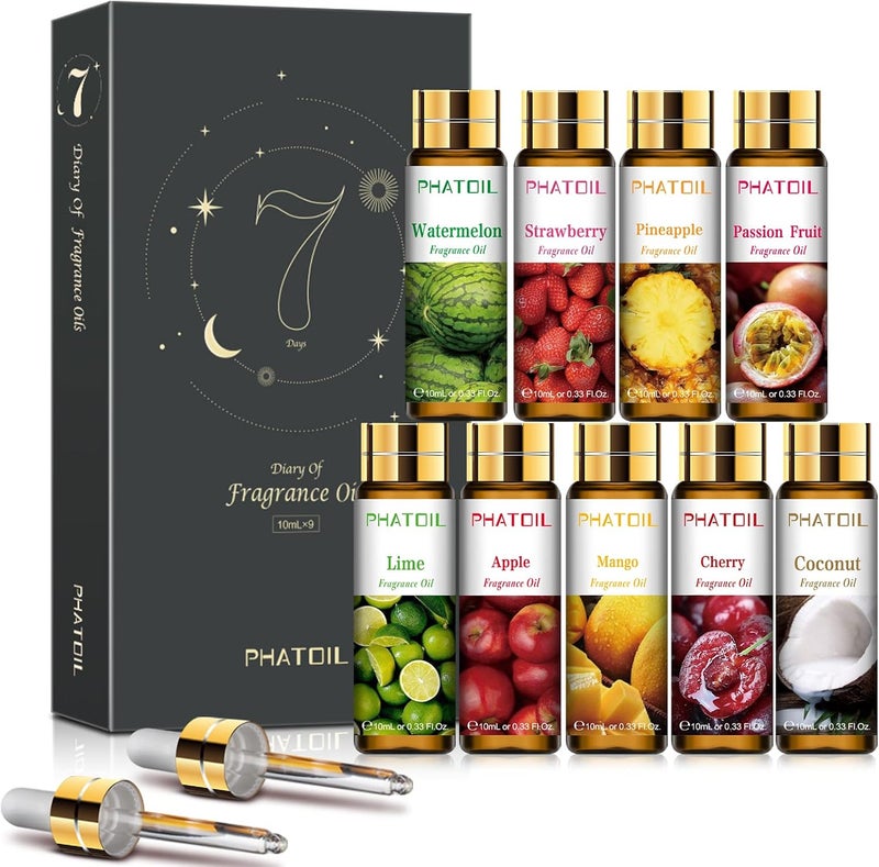 PHATOIL 9PCS Fruity Essential Oils Gift Set, 10ml/0.33fl.oz Fragrance Oils for Soap, DIY Candle, Bath Bombs Making, Fruit Scented Oils for Diffusers for Home