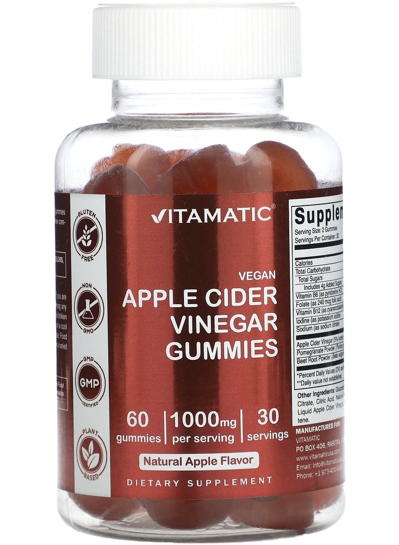 Vitamatic Vegan Apple Cider Vinegar, Natural Apple, 1,000 mg, 60 Gummies (500 mg per Gummy)