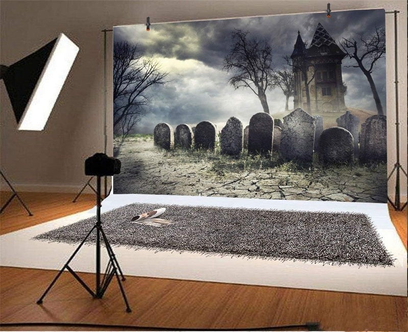 Laeacco Halloween Theme Backdrop 10x65ft Scary Haunted House Creepy Cemetery Backdrop Cloudy Wilderness Ghastly Spooky Tombs Foggy Haunted Castle Trick or Treat Party Decoration Halloween Photo Prop - Image 3