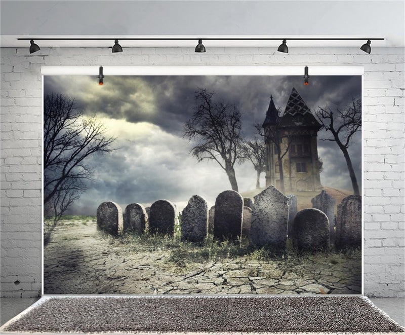 Laeacco Halloween Theme Backdrop 10x65ft Scary Haunted House Creepy Cemetery Backdrop Cloudy Wilderness Ghastly Spooky Tombs Foggy Haunted Castle Trick or Treat Party Decoration Halloween Photo Prop - Image 4