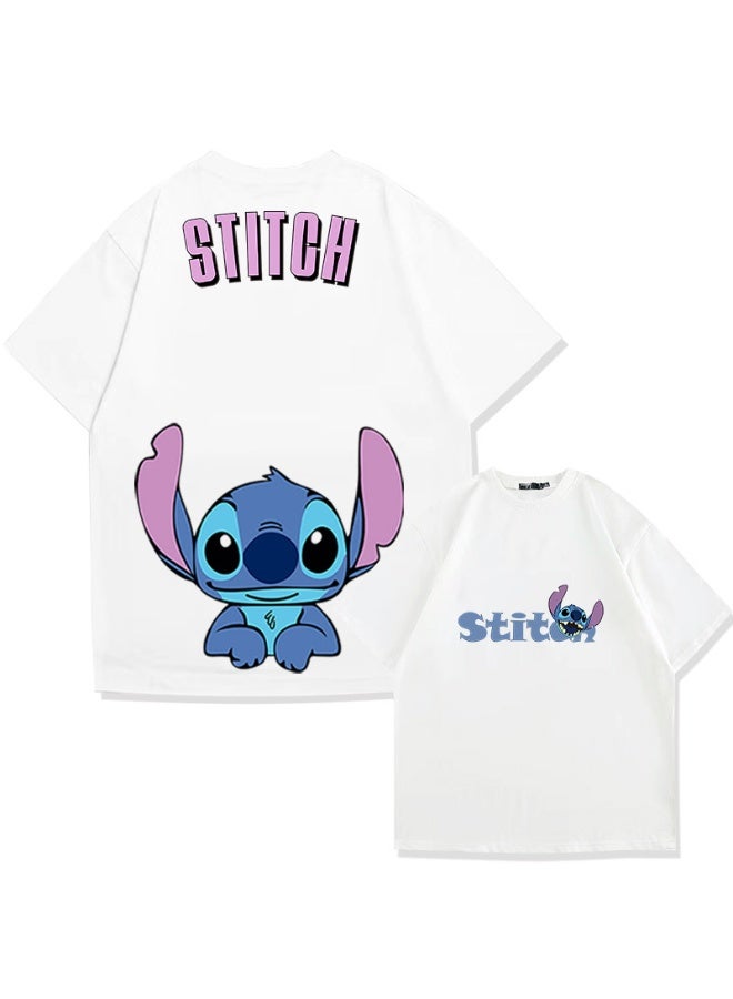 Anime Stitch cotton short-sleeved T-shirt for men and women summer tide brand loose off-shoulder half-sleeved clothes - Image 1