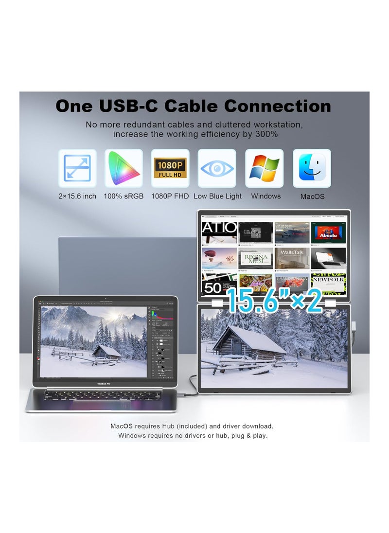 V2COM - V2COM Laptop Screen Extender, 15.6" Folding Portable Monitor for Laptop, 1080P FHD IPS Triple Monitor Extension for Laptop with Windows MacOS, One Cable/340° Rotation/VESA Mountable/Ergo Design. - Image 1