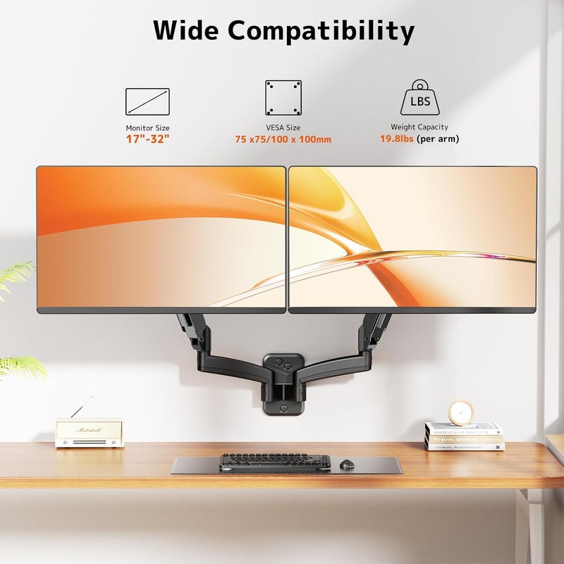 PUTORSEN Dual Monitor Wall Mount for 17-32 inch Flat/Curved Computer Screens, Full Motion Wall Monitor Mount with VESA 75x75/100x100 mm, Each Holds Up to 19.8lbs, Black - Image 2