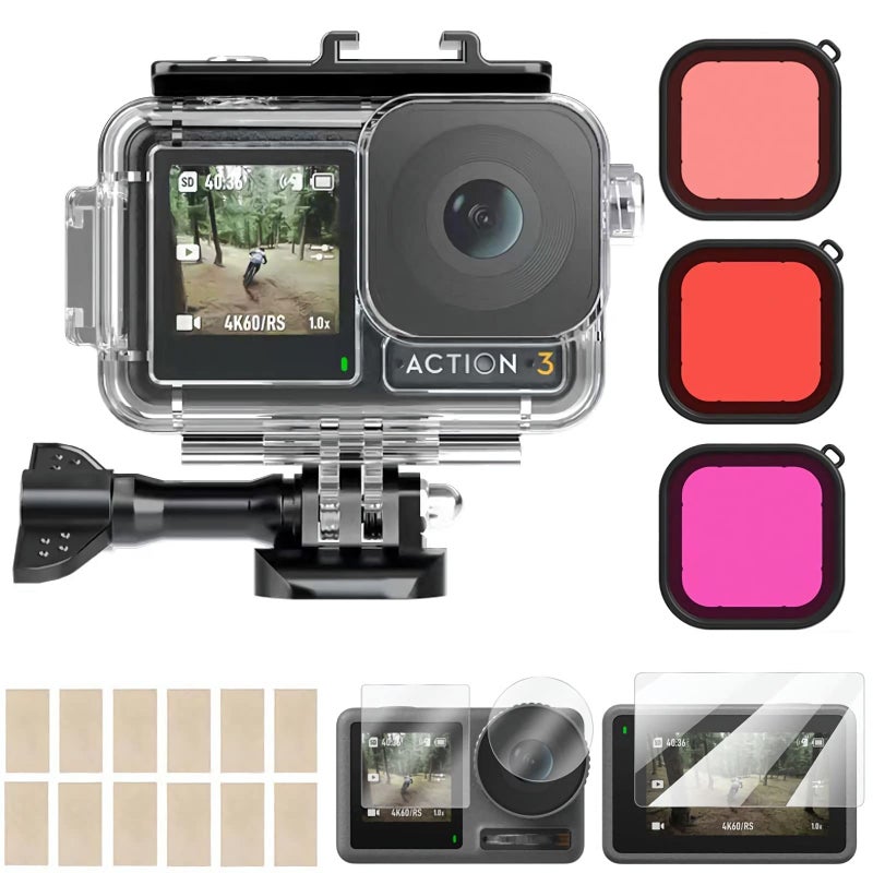 BMUUPY Waterproof Housing Case for DJI Osmo Action 5 4/Action 3 Action Camera Accessories 60M Diving Tempered Glass Screen Protector 3 Pack Filters Underwater Kit Bundle for Action4 Accessory - Image 1