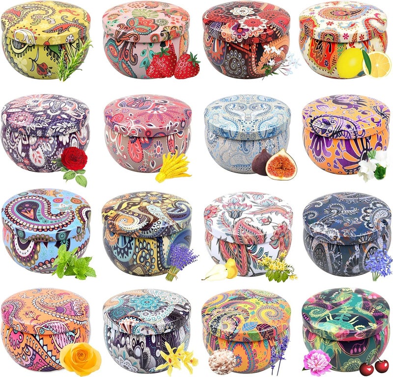 Howemon Scented Candles Gift Set Natural Soy Wax Portable Travel Tin with Strongly Fragrance Essential Oils for Stress Relief and Aromatherapy 16 Pack