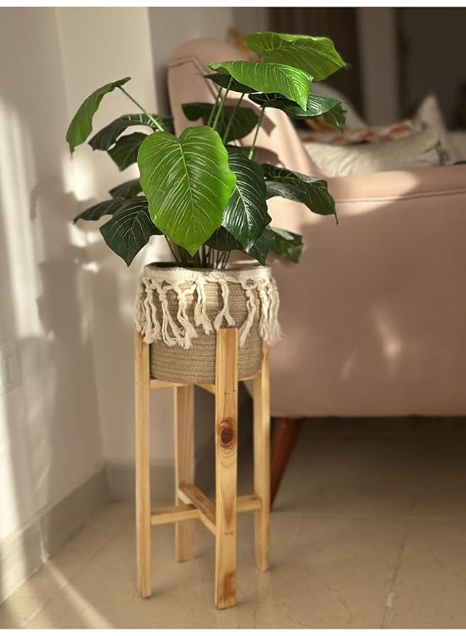 Calda Rustic Wood Plant Stand with Integrated Macramé Rope Basket – 2-in-1 Boho Decorative Planter Holder for Indoor Living Room, Balcony & Entryway – Natural Wood Decor - Image 2
