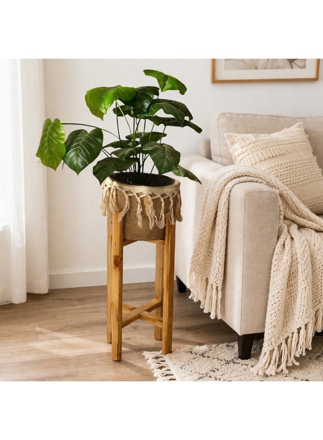 Calda Rustic Wood Plant Stand with Integrated Macramé Rope Basket – 2-in-1 Boho Decorative Planter Holder for Indoor Living Room, Balcony & Entryway – Natural Wood Decor - Image 5