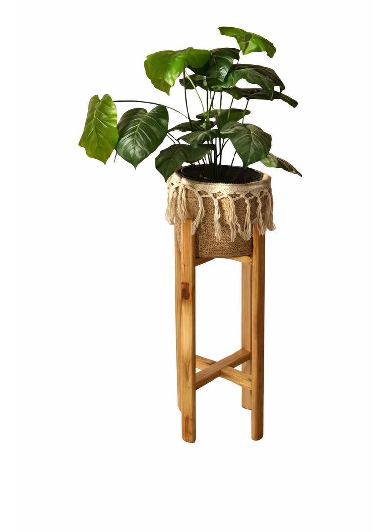 Calda Rustic Wood Plant Stand with Integrated Macramé Rope Basket – 2-in-1 Boho Decorative Planter Holder for Indoor Living Room, Balcony & Entryway – Natural Wood Decor - Image 1