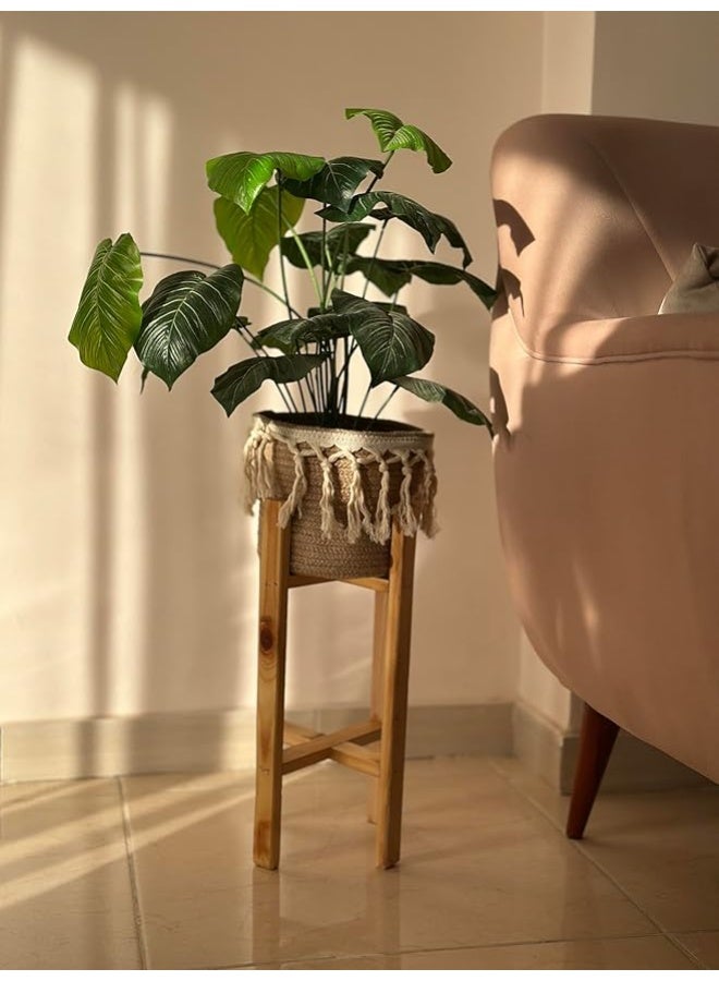 Calda Rustic Wood Plant Stand with Integrated Macramé Rope Basket – 2-in-1 Boho Decorative Planter Holder for Indoor Living Room, Balcony & Entryway – Natural Wood Decor - Image 4