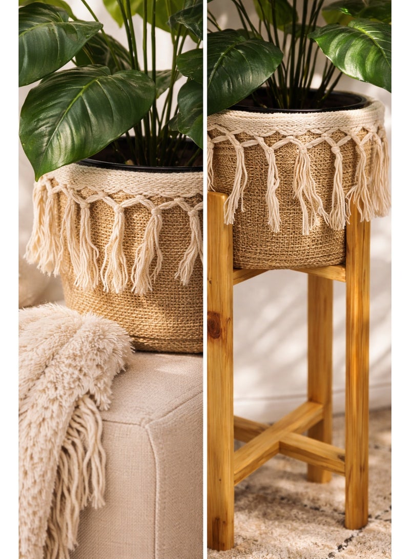 Calda Rustic Wood Plant Stand with Integrated Macramé Rope Basket – 2-in-1 Boho Decorative Planter Holder for Indoor Living Room, Balcony & Entryway – Natural Wood Decor - Image 3