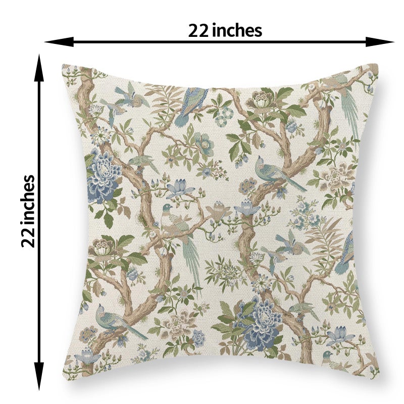 GOLIANDA Blue Green Floral Bird Pillow Covers 22x22 Set of 2 Chinoiserie Throw Pillows Green Vintage Flowers Bird Decorative Pillow Cases Outdoor Chinoiserie Decor Farmhouse Cushion Case for Couch Sofa - Image 2