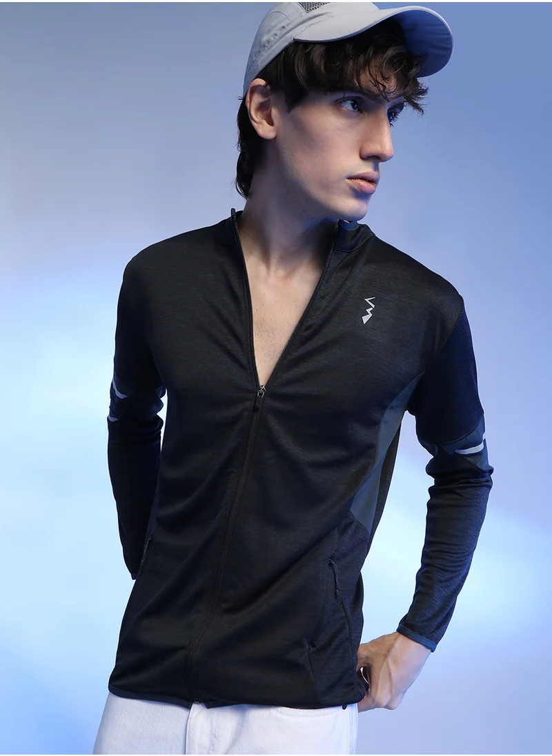 Campus Sutra Men's Black Heathered Activewear Jacket With Contrast Detail