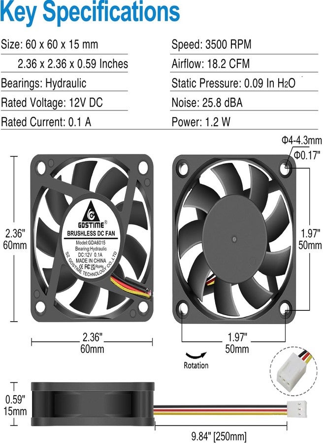 GDSTIME 60mm x 15mm Fan 3 Pin, 12V Brushless DC Cooling Fan 60x60x15mm for PC Cases, CPU Coolers, and Radiators (2 Pack) - Image 5