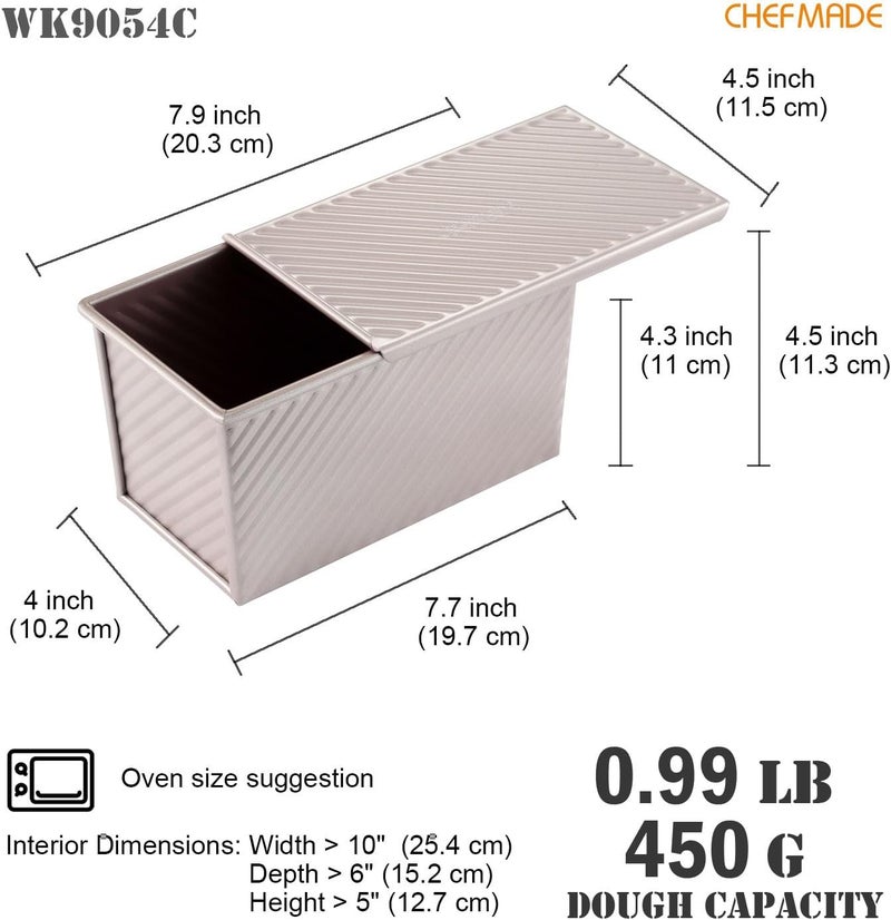 CHEFMADE Pullman Loaf Pan with Lid, 0.99Lb Dough Capacity Non-Stick Rectangle Corrugated Toast Box for Oven Baking 4.2" x 7.7"x 4.4"(Champagne Gold) - Image 2