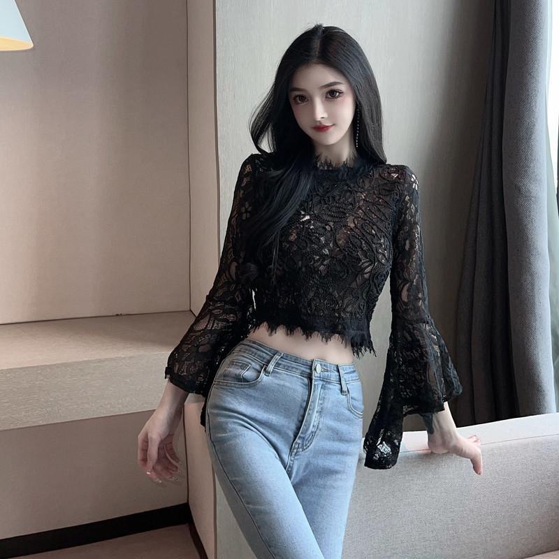 Three-dimensional Hollow-out Lace Shirt Goddess Fan Watch Foreign Style Trumpet Sleeve Scheming Perspective Short Foreign Style Long Sleeve Top White - Image 5