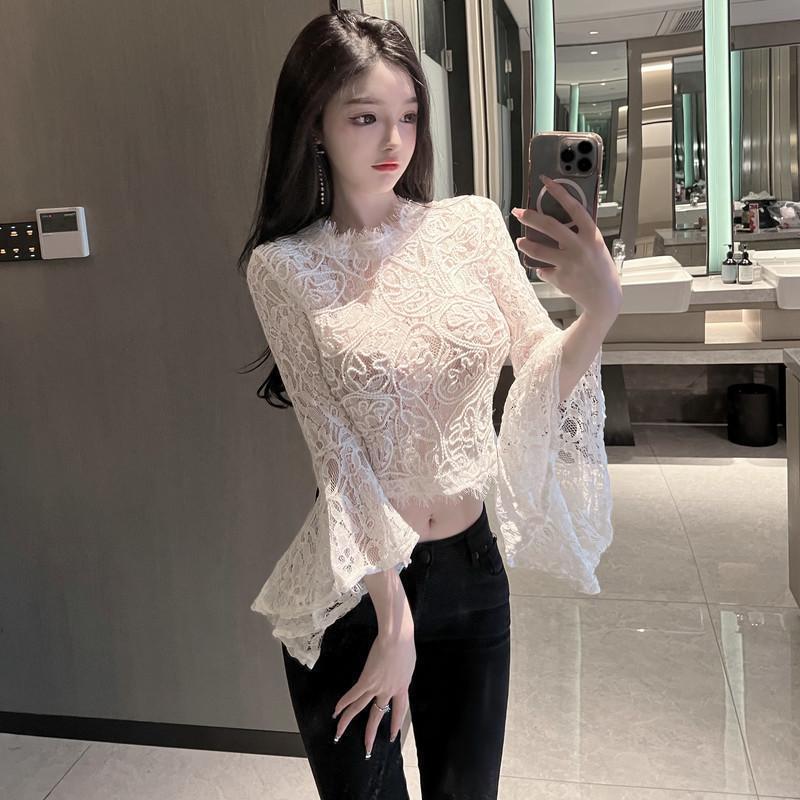 Three-dimensional Hollow-out Lace Shirt Goddess Fan Watch Foreign Style Trumpet Sleeve Scheming Perspective Short Foreign Style Long Sleeve Top White - Image 1