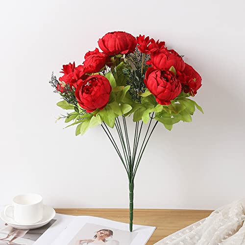 Duovlo Springs Flowers Artificial Silk Peony Bouquets Wedding Home Decoration,Pack of 1 (Spring Red) - Image 3