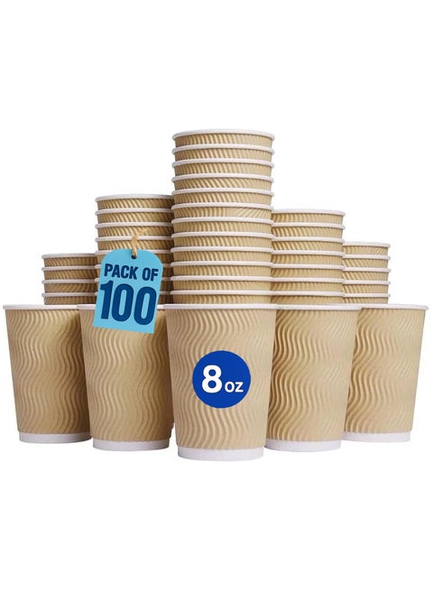 MahMir® 8oz. Brown Disposable Ripple Insulated Coffee Cups - Eco-Friendly Disposable Cups - Hot Beverage Corrugated Paper Cups - Sleeve Ripple Wall Paper Coffee Cups for Drink-Tea Cup (8 oz. 100pcs)