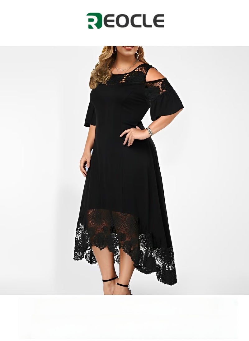 REOCLE Women's Large Size Lace Off Shoulder Casual Long Solid Color Evening Maxi Dress High Waist Bottoming Temperament Elegant Commuting - Image 1