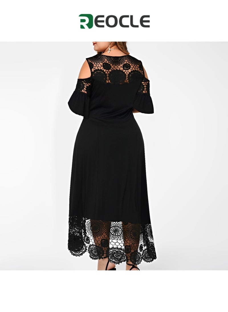 REOCLE Women's Large Size Lace Off Shoulder Casual Long Solid Color Evening Maxi Dress High Waist Bottoming Temperament Elegant Commuting - Image 3