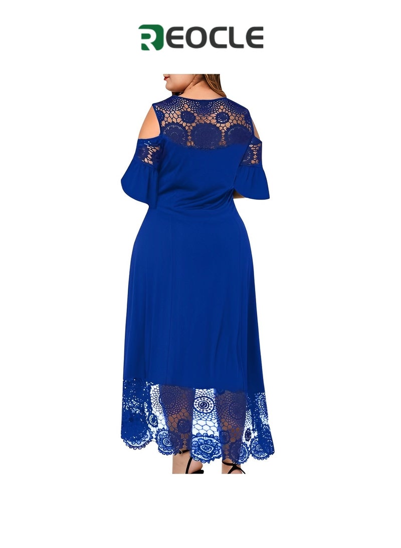 REOCLE Women's Large Size Lace Off Shoulder Casual Long Solid Color Evening Maxi Dress High Waist Bottoming Temperament Elegant Commuting - Image 5