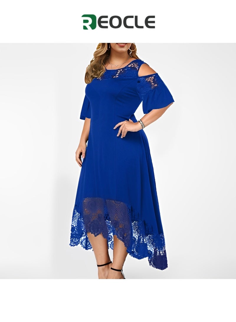 REOCLE Women's Large Size Lace Off Shoulder Casual Long Solid Color Evening Maxi Dress High Waist Bottoming Temperament Elegant Commuting - Image 4