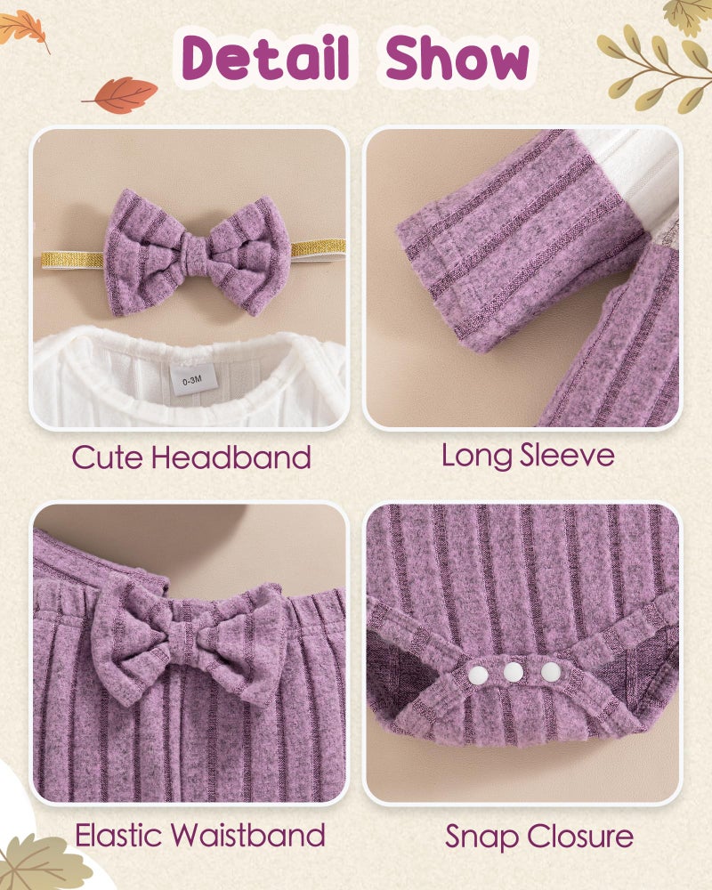 Mioglrie Baby Girl Clothes 3-6 Months Newborn Infant Girl Fall Winter Outfits Purple Color Block Pants Set 4Pcs Baby Girls Clothing Set with Headband and Hat - Image 5