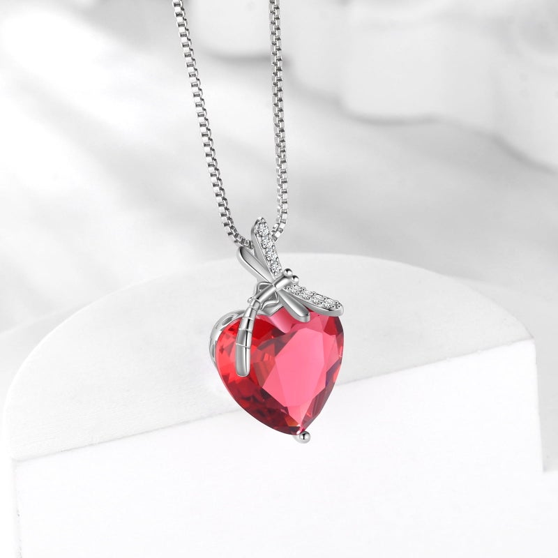 Juwaliy Dragonfly Necklace Heart July Birthstone Necklace Ruby Red 925 Sterling Silver Pendant Jewelry Women Wedding Birthday Christmas Mother's Day Gifts - Image 2