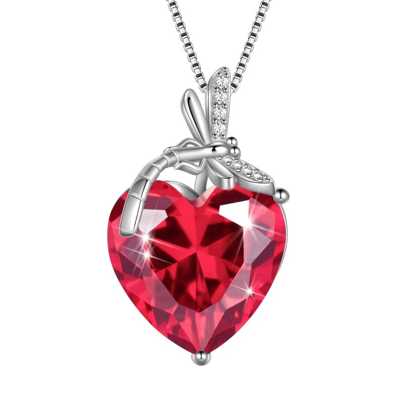 Juwaliy Dragonfly Necklace Heart July Birthstone Necklace Ruby Red 925 Sterling Silver Pendant Jewelry Women Wedding Birthday Christmas Mother's Day Gifts - Image 1