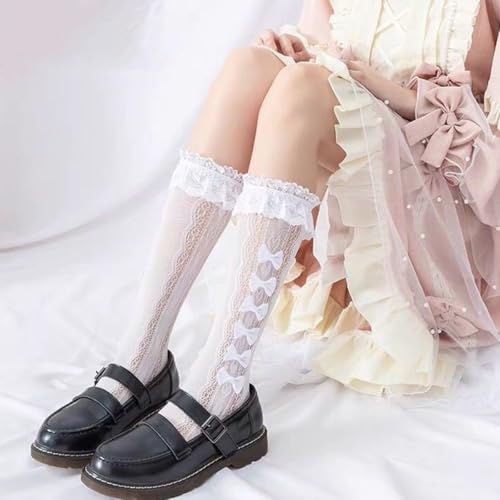 PALAY Knee High Socks for Girls, Lace Bow Calf-Length Socks, Fashion Lolita Stockings for Jane Shoes, Lolita Dress, Uniform (White) - Image 5