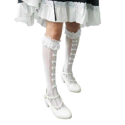 PALAY Knee High Socks for Girls, Lace Bow Calf-Length Socks, Fashion Lolita Stockings for Jane Shoes, Lolita Dress, Uniform (White) - Image 1