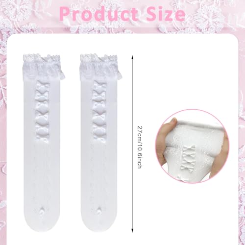 PALAY Knee High Socks for Girls, Lace Bow Calf-Length Socks, Fashion Lolita Stockings for Jane Shoes, Lolita Dress, Uniform (White) - Image 2