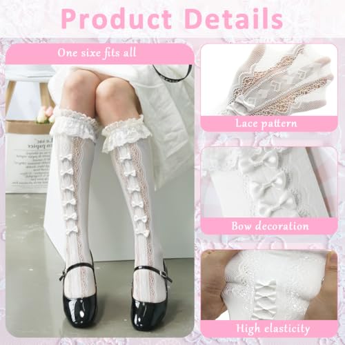 PALAY Knee High Socks for Girls, Lace Bow Calf-Length Socks, Fashion Lolita Stockings for Jane Shoes, Lolita Dress, Uniform (White) - Image 3