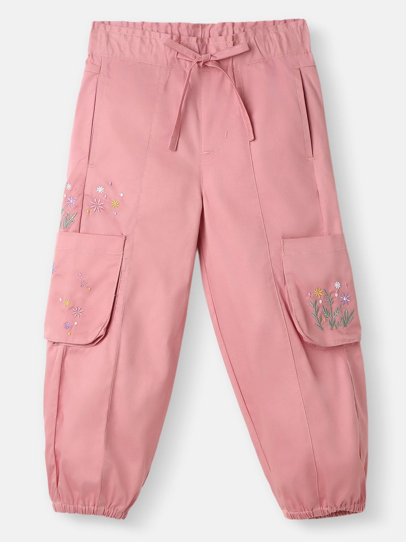 Nautinati Girls’ Cotton Cargo | Cargo Joggers for 4-8 Years | Floral Embroidery | Cargo with Pockets - Image 1