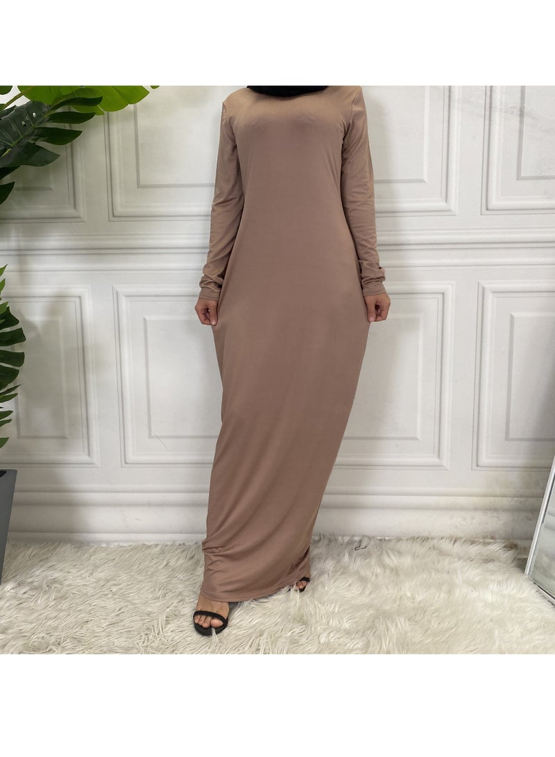 إسكدنيا Mock Neck Casual Abaya, Soft Breathable Long Sleeve Women Abaya Dress, Long Lasting Comfortable Normal Muslim Women Islamic Dress for Prayer, Daily Wear, Occasion Wear, ( Size S, Brown) - Image 1