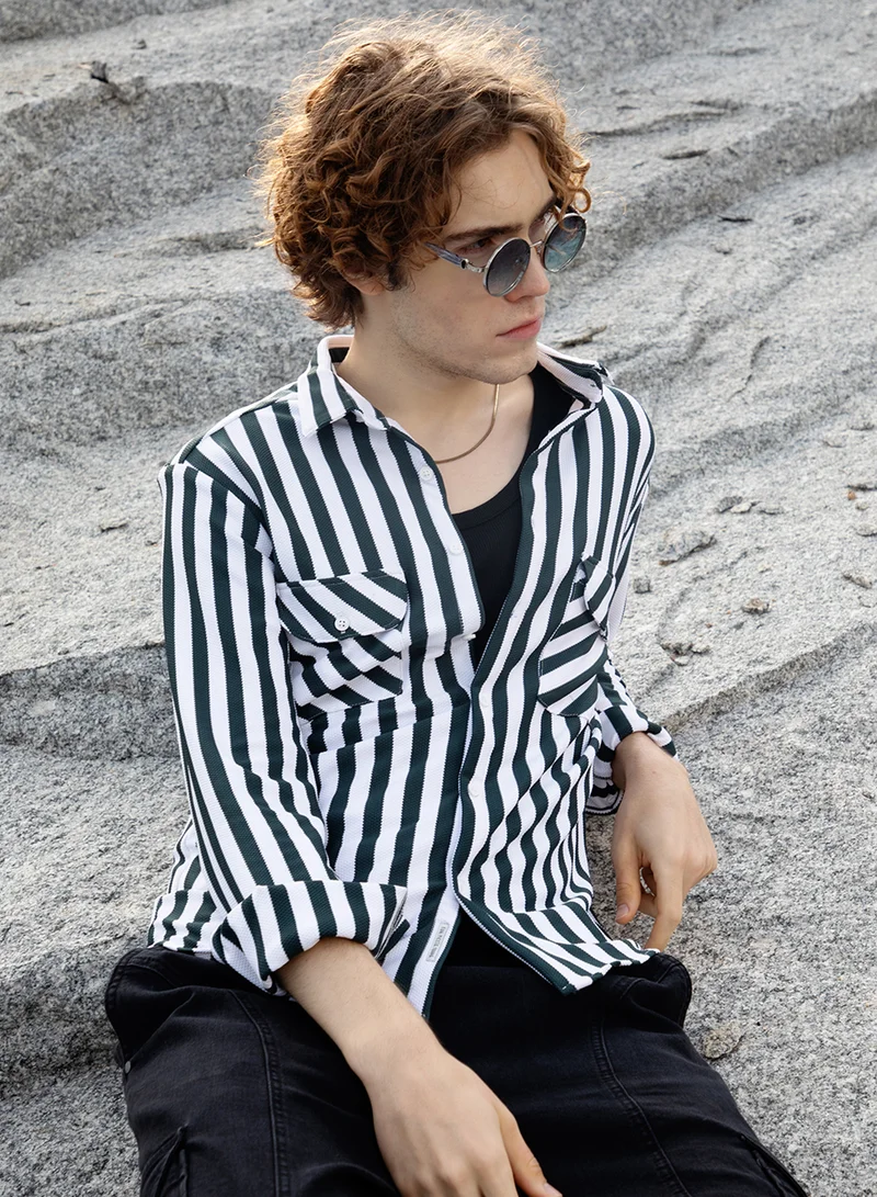 كامبوس سوترا قميص رجالي مخطط كحلي وكريمي بنمط بحري للاستخدام اليومي