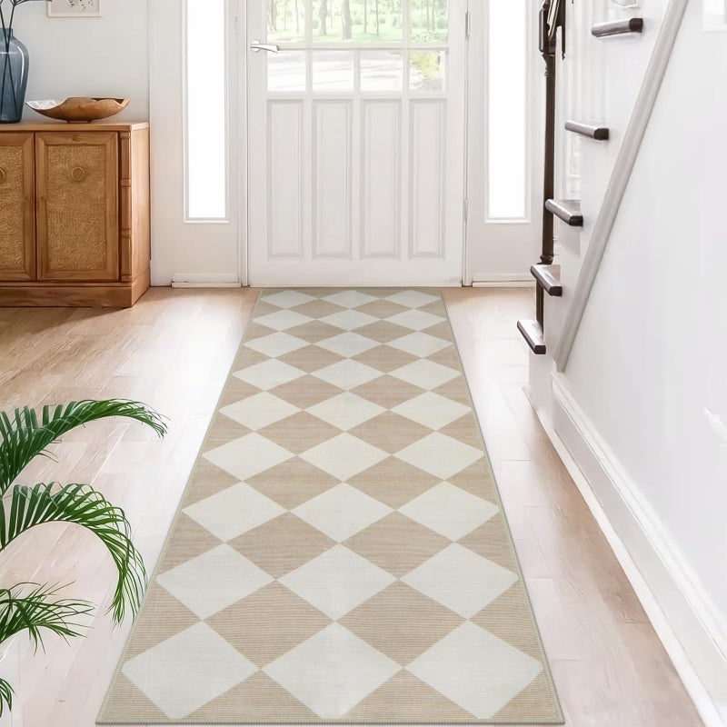 Beeiva Checkered Print Rug Runners for Hallways Non Slip 25x8 Ultra Thin Beige Kitchen Runner Rugs Non Skid Washable Classic Neutral Gingham Decor Faux Wool Carpet for Bathroom Bedroom Entryway