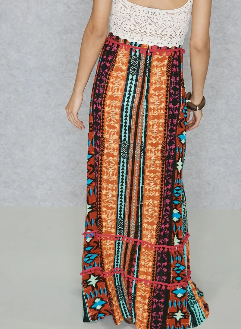 GLAMOROUS Aztec Print Pom Pom Maxi Skirt